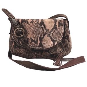 Lucky Brand Fold Over Crossbody Bag Snake Embossed Lamb Leather Purse  Brown Tan